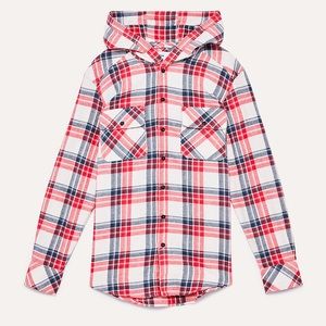 Aritzia TNA Hidalgo Button-up Shirt with Hood, XXS, Red White & Blue Plaid